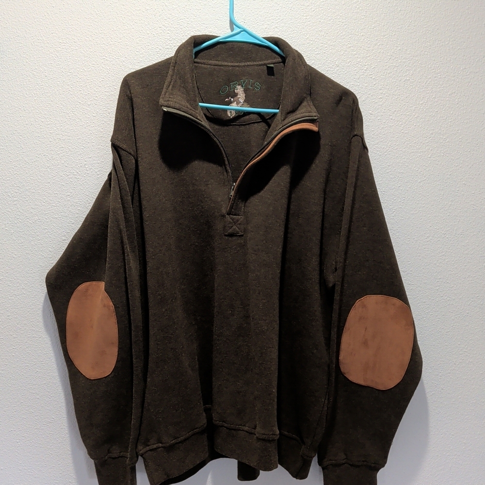 Orvis Men's Dark Brown Zip-Up Sweater with Tan Patches